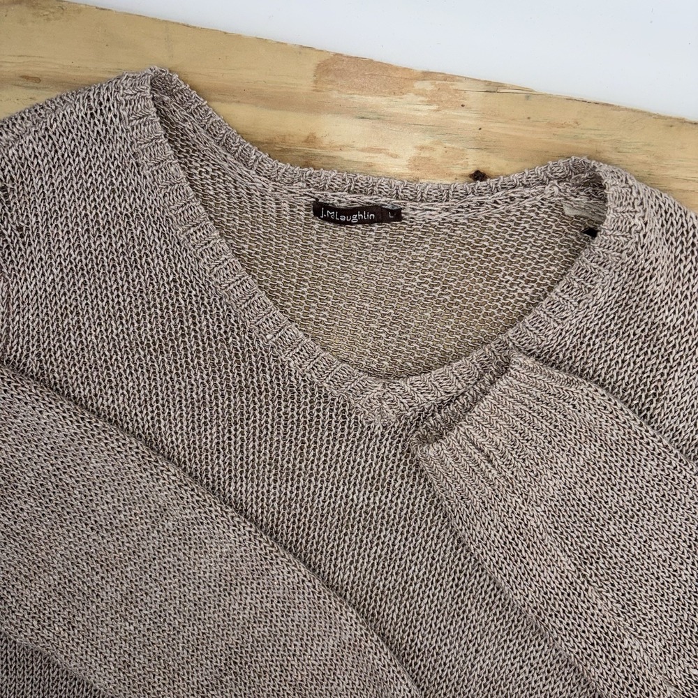 J.McLaughlin Sweater Large Tan Linen Blend Open Knit Metallic Side Slit V Neck